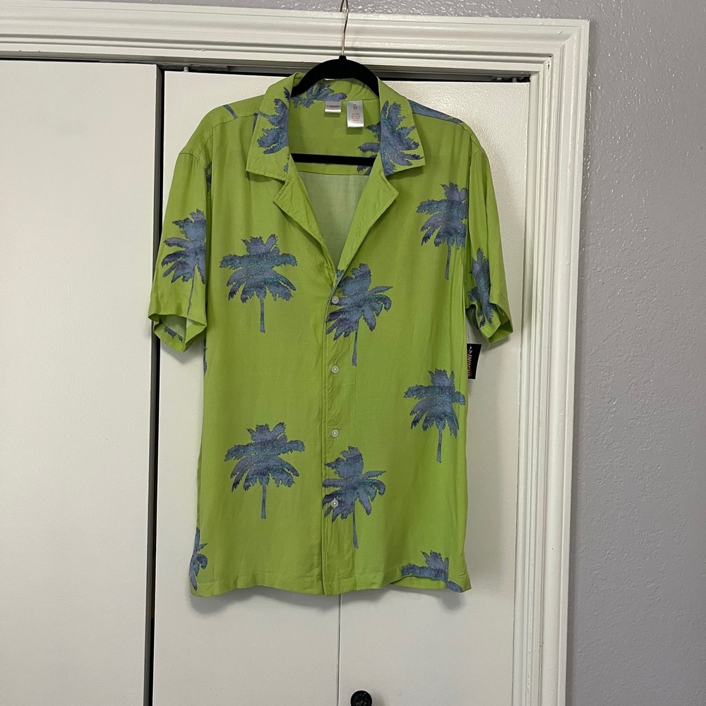 Indent Mens Palm Tree Print Rayon Short Sleeve Button Down‎ Shirt Lime Green M